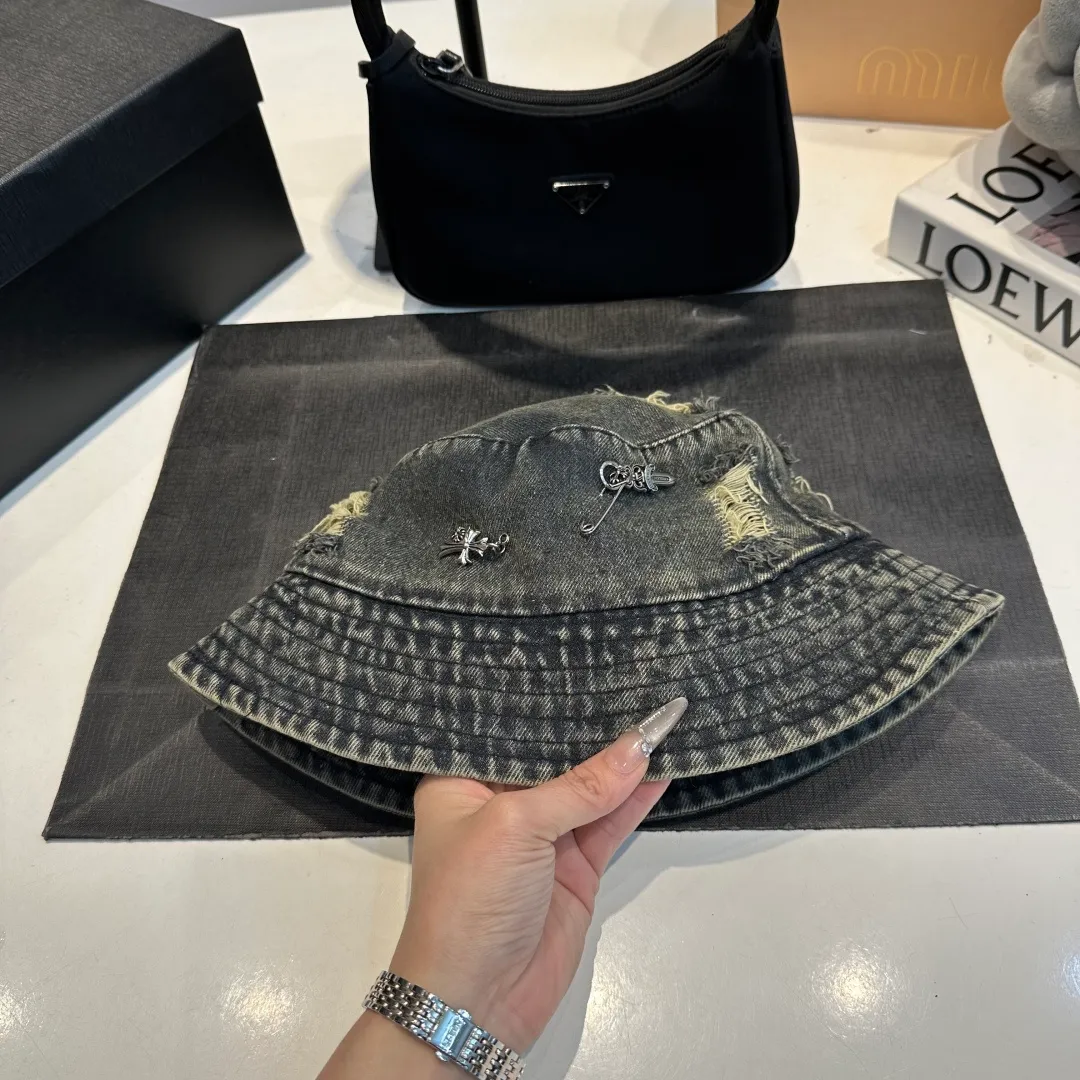 P60 Croxin spring and summer new denim fisherman hat, retro old street style, washed and torn edges, photo-taking item